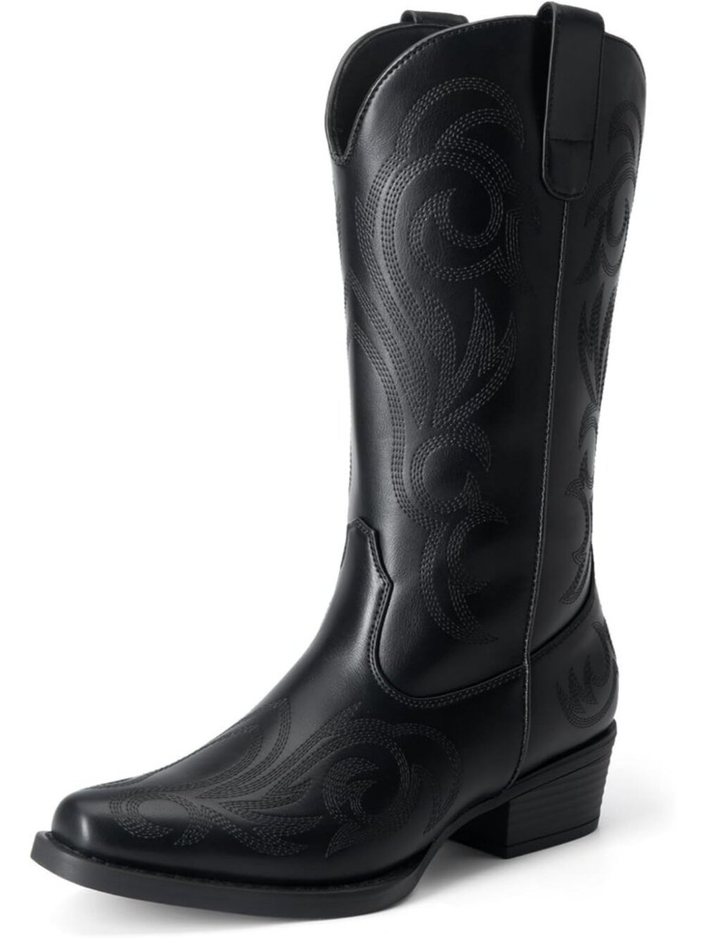 Womans Black Square Toe Embroidery Stitched Chunky Heel Mid Calf Cowgirl Boots